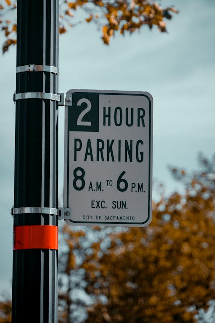 Close-up view of a parking restriction sign affixed to a black metal pole with white and red reflective bands. The sign indicates a two-hour parking limit from 8 a.m. to 6 p.m. excluding Sundays, and includes the text 'CITY OF SACRAMENTO.' In the background, blurred autumn-colored leaves and tree branches are visible against a partly cloudy sky. This image reflects parking regulations that may impact home relocation or furniture transport logistics, relevant to professional removals services like Man with Van East Bedfont.