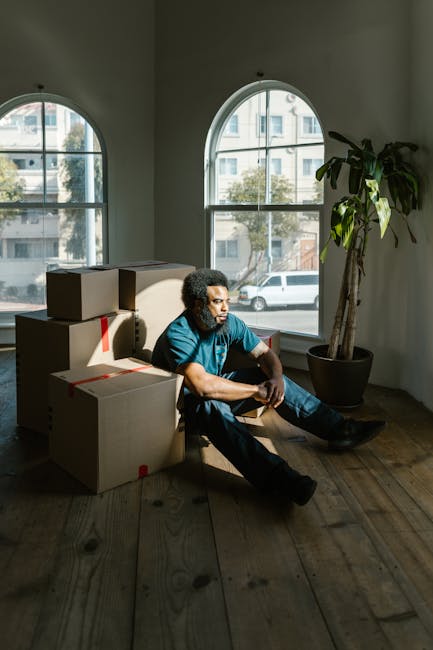 A person with curly dark hair, wearing a blue shirt and dark trousers, is sitting on a wooden floor inside a room with high arched windows. They are leaning against a stack of cardboard boxes, which are sealed with red packing tape. The room is well-lit by natural light coming through the windows, revealing a street view with parked cars and trees outside. A tall potted plant with broad green leaves is positioned near the person, adding a touch of greenery to the space. The scene depicts the packing or loading phase of a house move, with boxes ready for transport. This setting exemplifies the interior during a home relocation process, with furniture and packing materials prepared for a professional removal service, such as those offered by Man with Van East Bedfont. The environment suggests a calm moment during the moving logistics, focusing on packing and preparing belongings for a furniture transport or home relocation.
